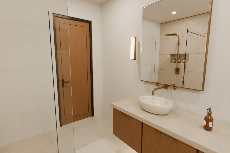 A white vessel basin, timber vanity and softly lit mirror