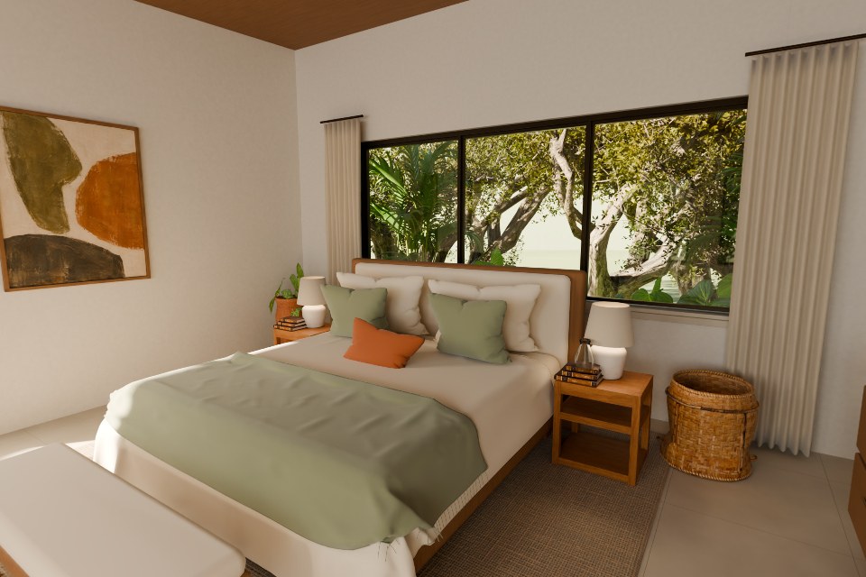 A bedroom with a timber ceiling, soft headboard and sage bedding