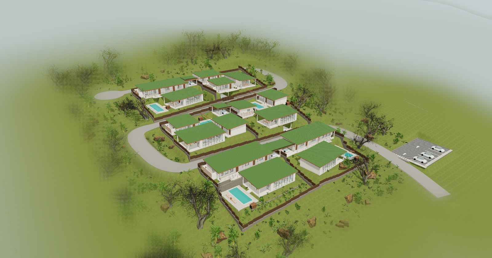 Interactive architectural model of six villas arranged across a terraced hillside