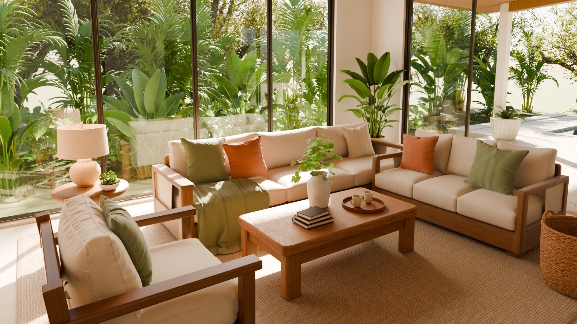 A sunlit living room with timber furniture, soft linen and tropical greenery