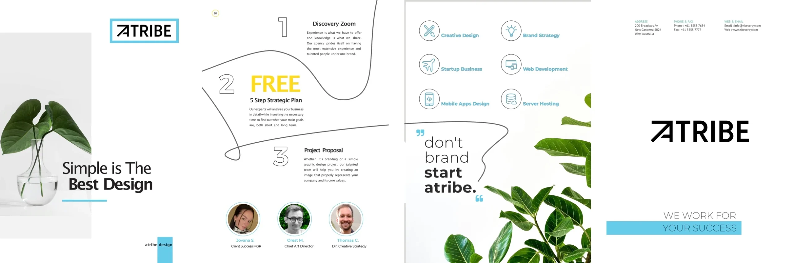 Early ATRIBE brochure spread with agency introduction, services, team, plant imagery and blue accents