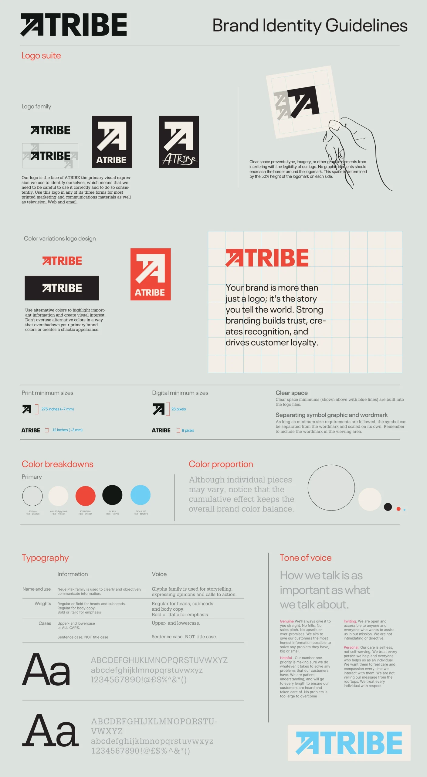 Complete ATRIBE final identity guide covering logo, clear space, colour, typography and tone of voice