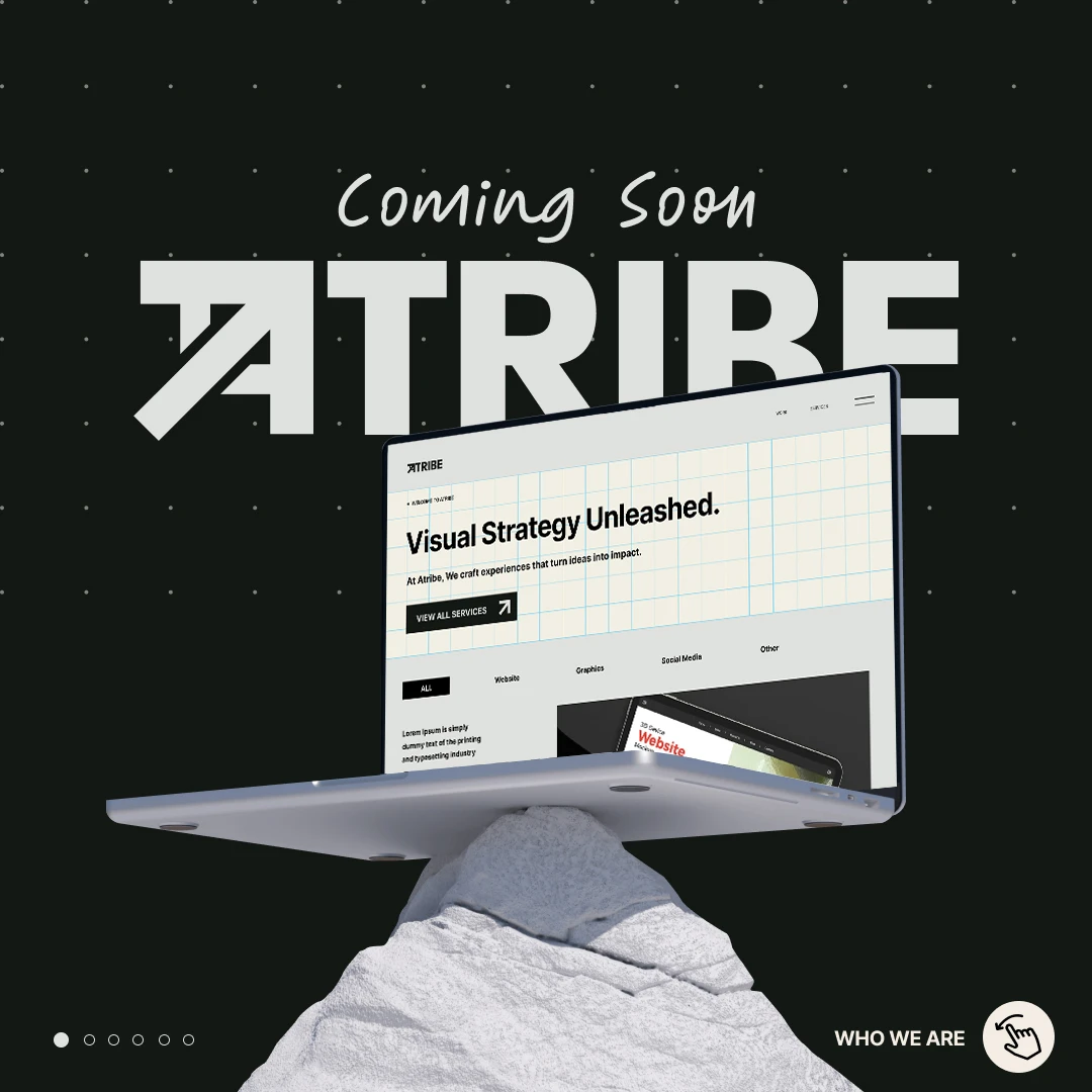 ATRIBE Coming Soon launch artwork with a laptop mockup on a stone