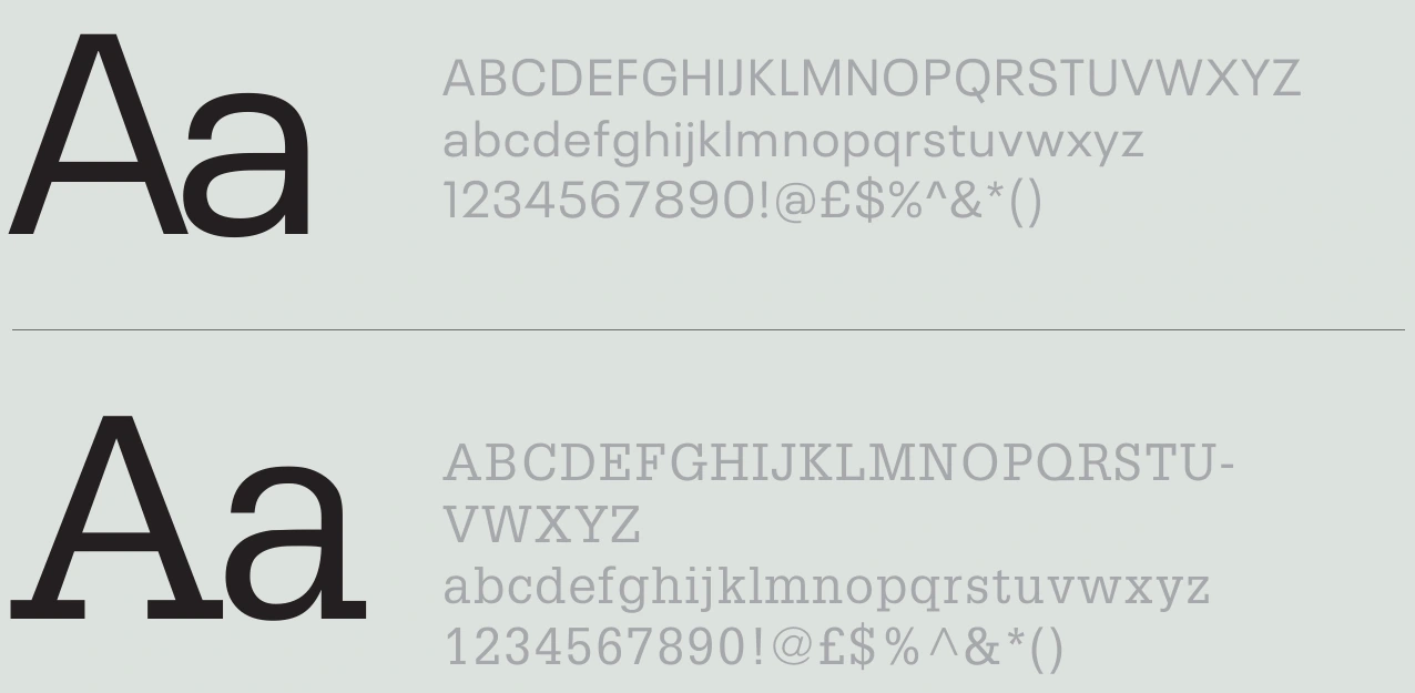 Original Neue Plak and Glypha brand-guideline alphabet specimens