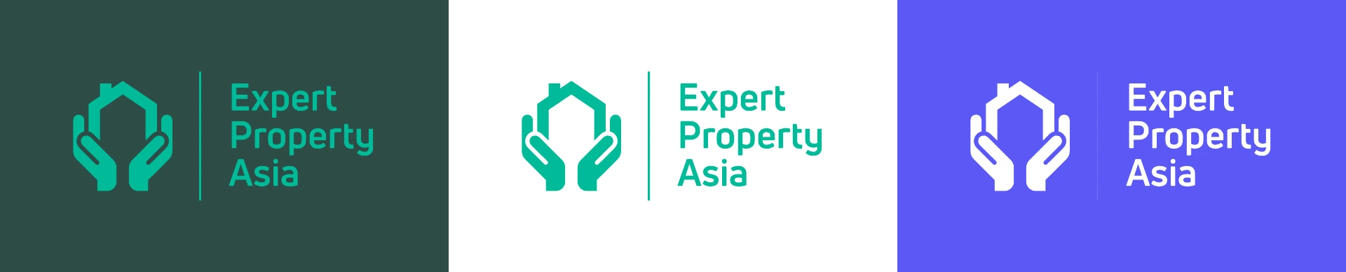 Expert Property Asia logo variations on green, white, and violet