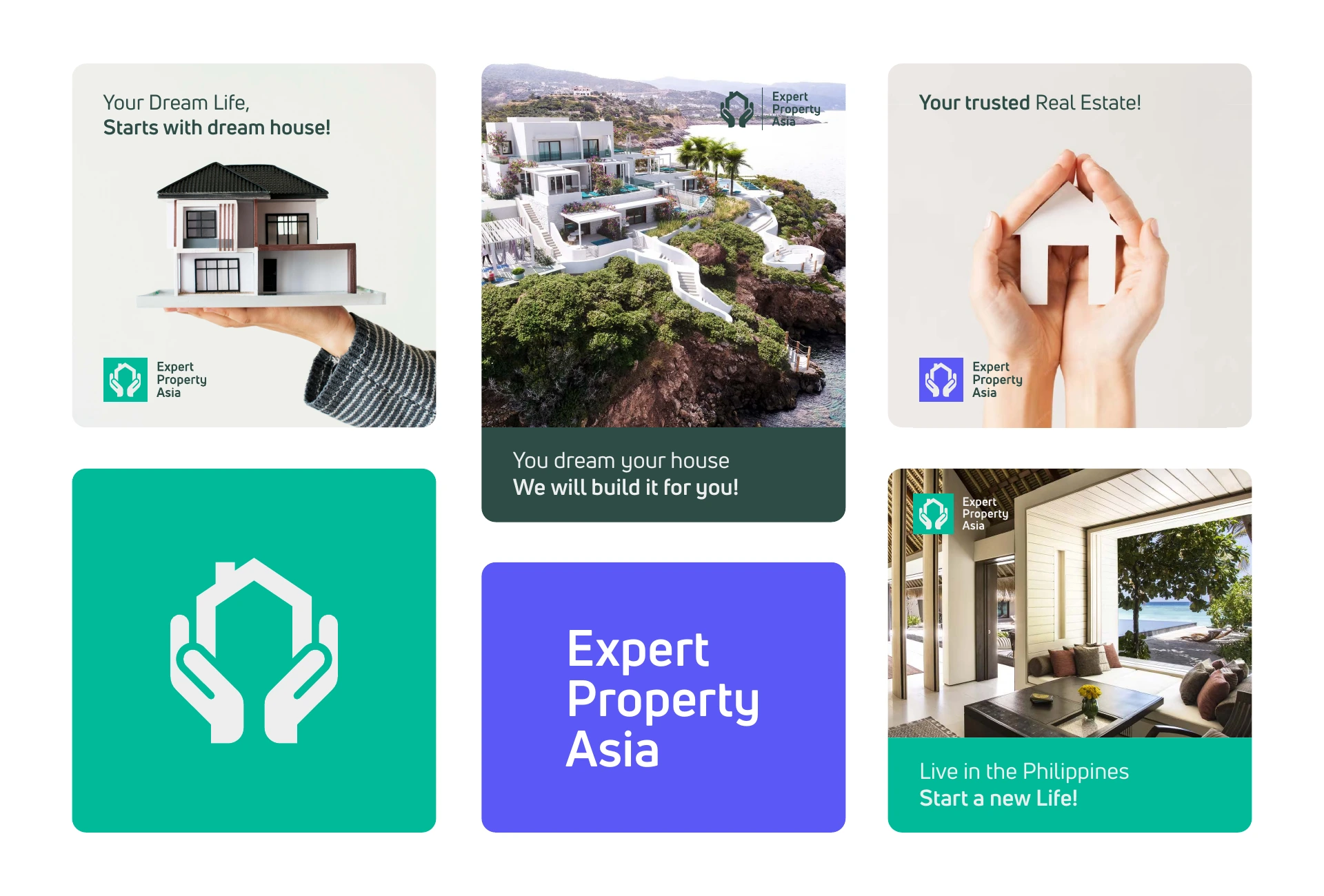 Six EPA social identity concepts combining homes, caring hands, teal, and violet