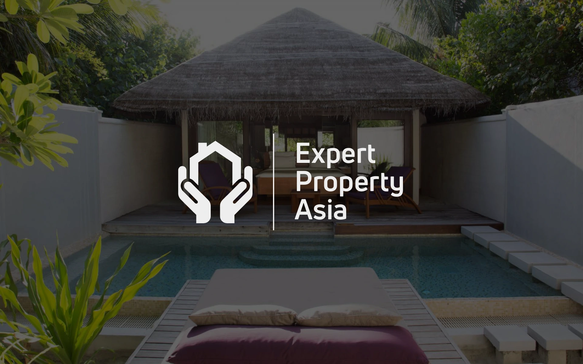 White Expert Property Asia logo over tropical villa photography