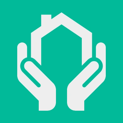 EPA symbol: two open hands supporting a house, in teal and white