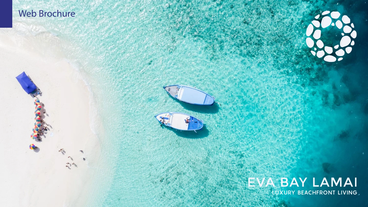 EVA Bay brochure cover featuring boats in turquoise water and the white pebble logo
