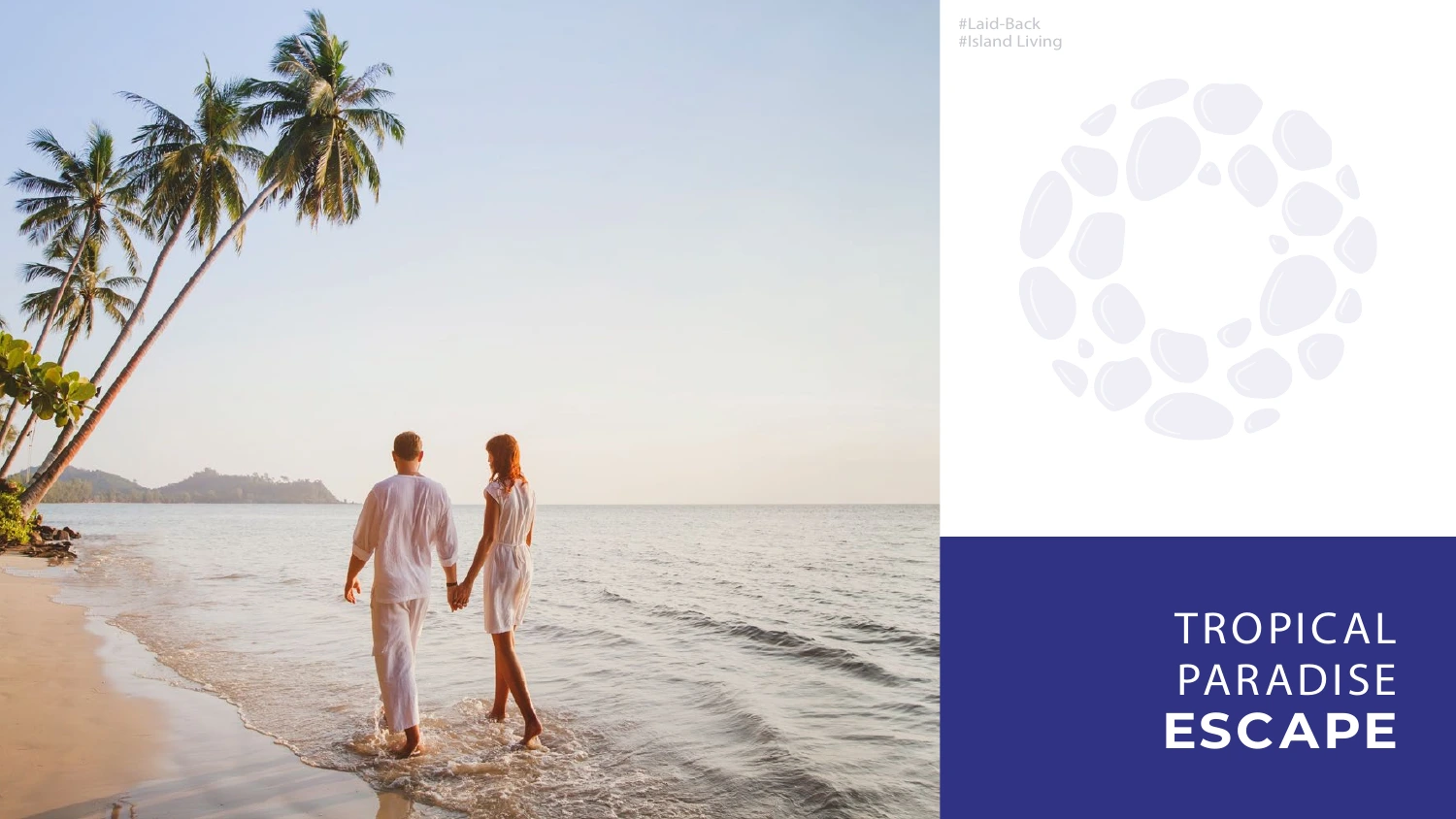 EVA Bay editorial spread with a beach image, oversized pebble motif and indigo typography panel