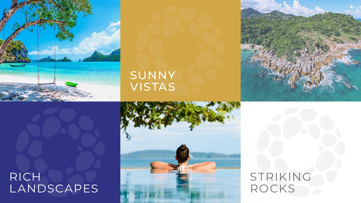 EVA Bay brochure grid balancing landscape photography with gold, indigo and white brand panels