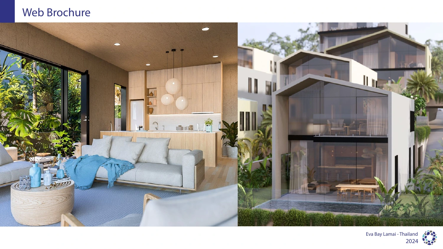 EVA Bay interior and architectural renderings presented in a clean branded brochure spread