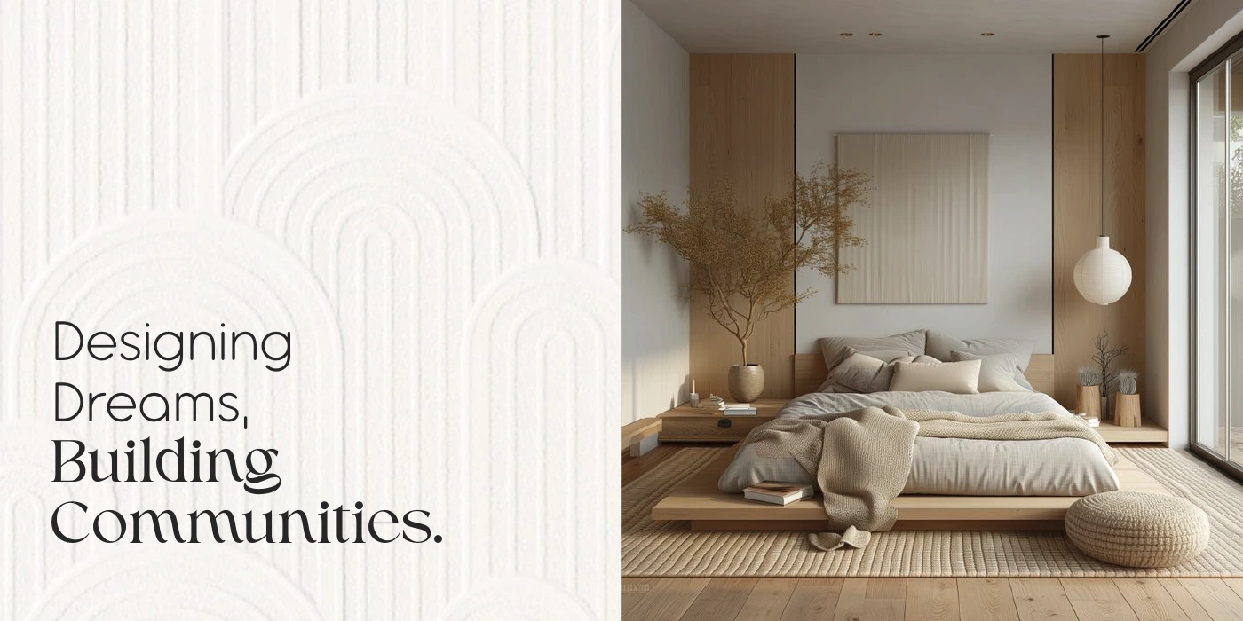 A calm natural-material bedroom from the Kitsune Nebo brand presentation