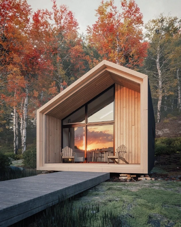 Timber cabin in an autumn landscape, from the original Kitsune Nebo presentation