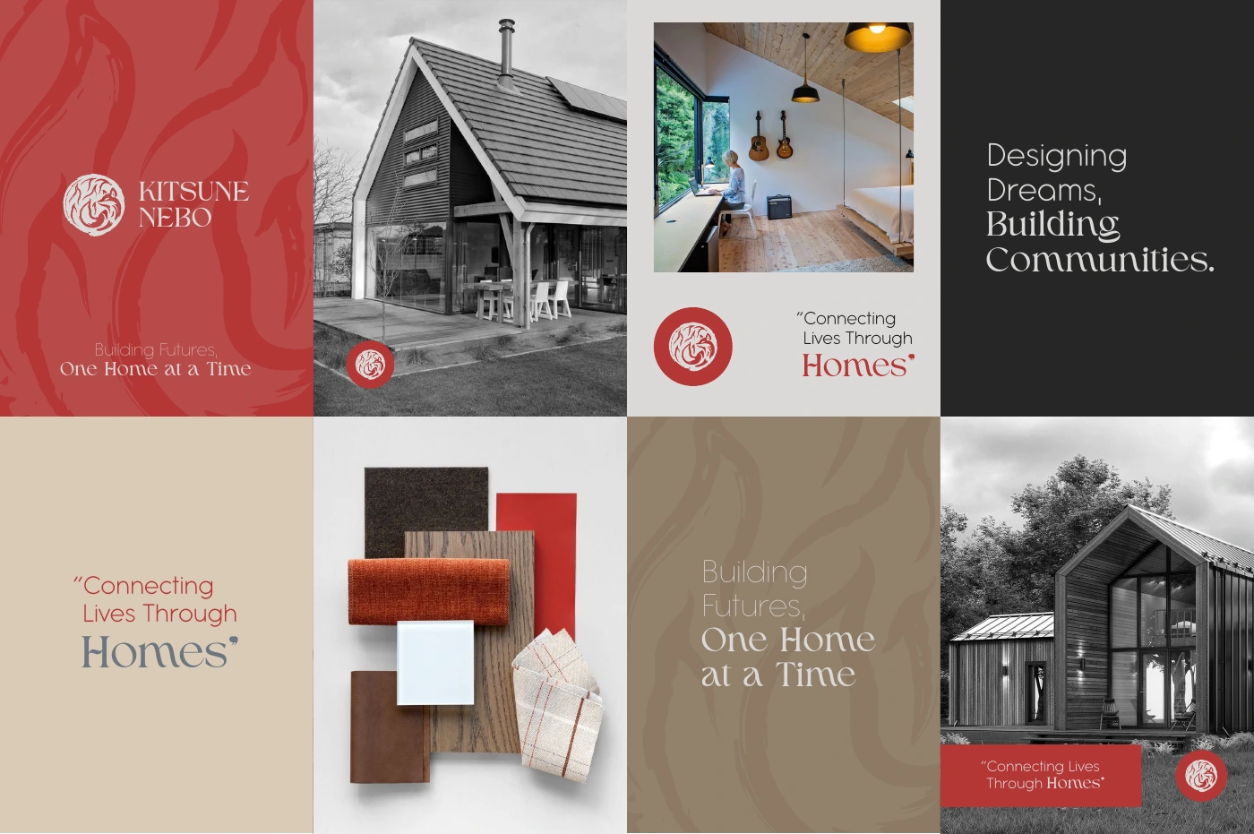 Kitsune Nebo social media designs combining the fox emblem, architectural photography and the earthy brand palette