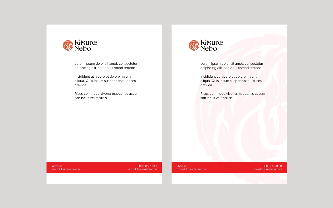 Original Kitsune Nebo letterhead concepts with the fox symbol and red accents