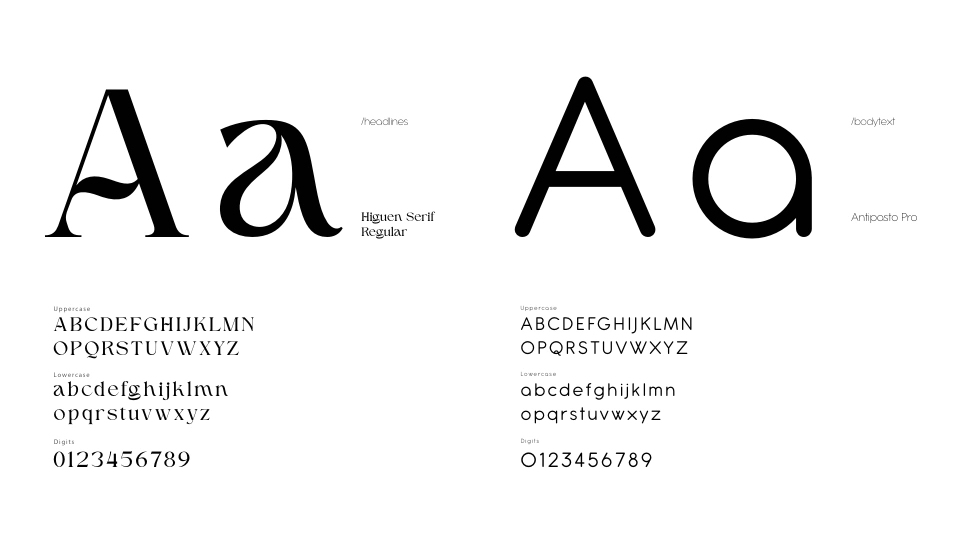 Original brand typography specimen: Higuen Serif Regular and Antipasto Pro, with alphabets and numerals