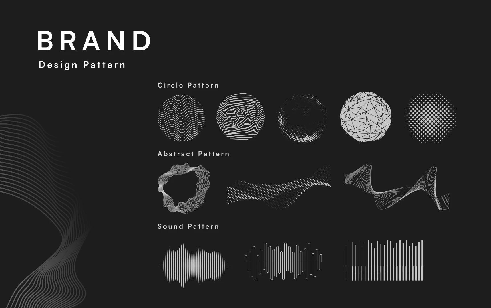 REVO brand pattern library: circular graphics, abstract flowing shapes, and soundwave patterns