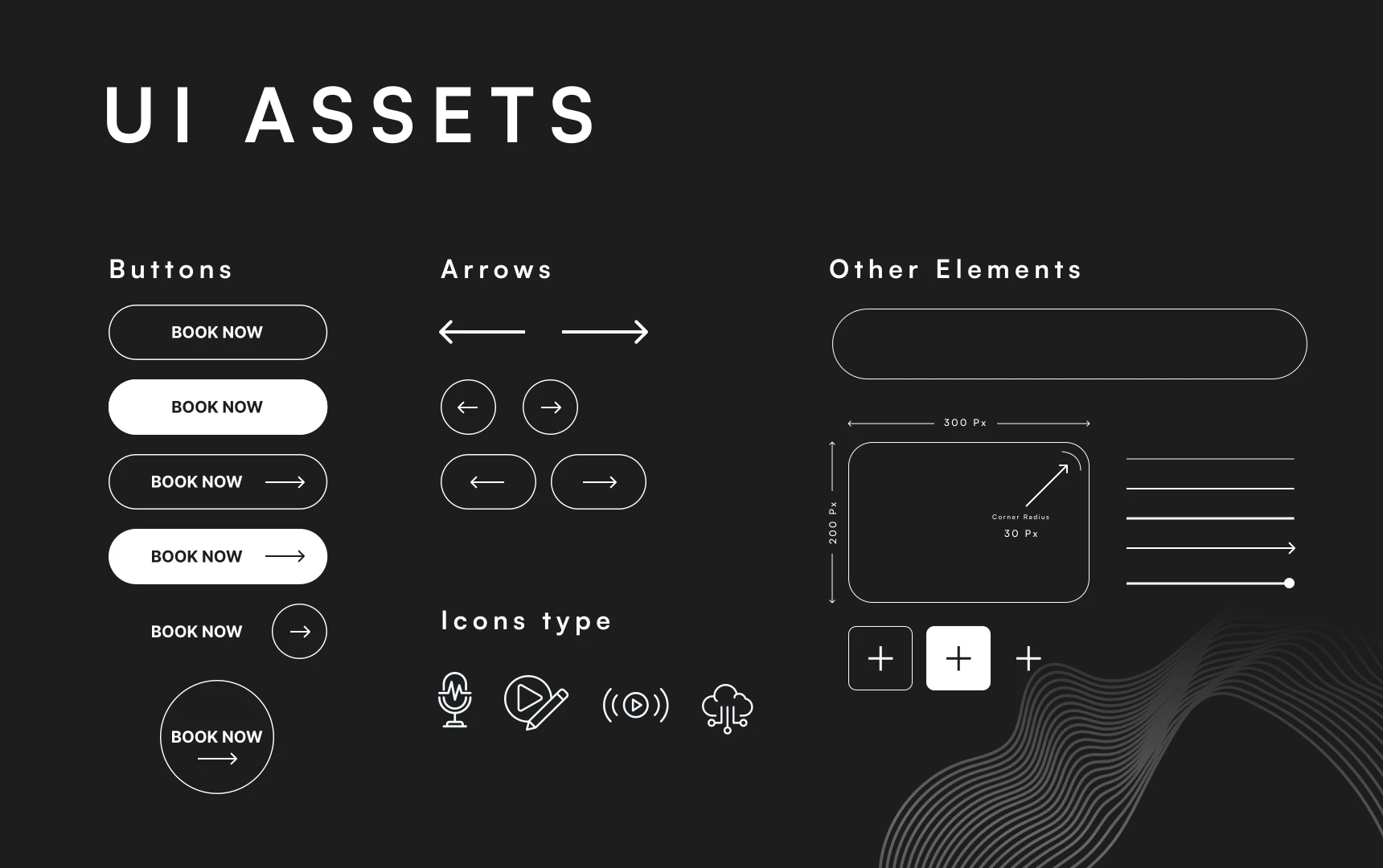 REVO UI assets: button styles, arrows, icons, and interface components