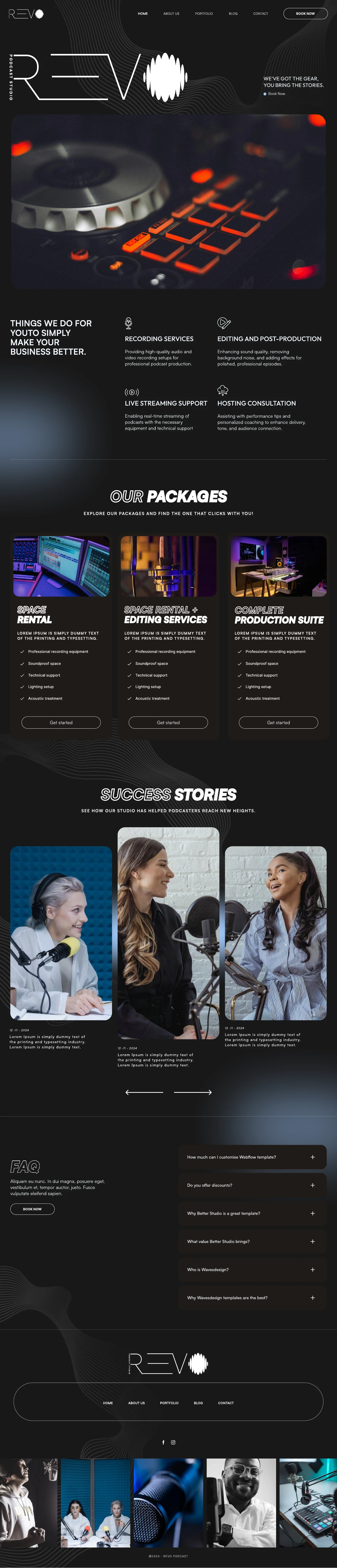 Full REVO website design concept showing the studio hero, recording services, packages, and stories